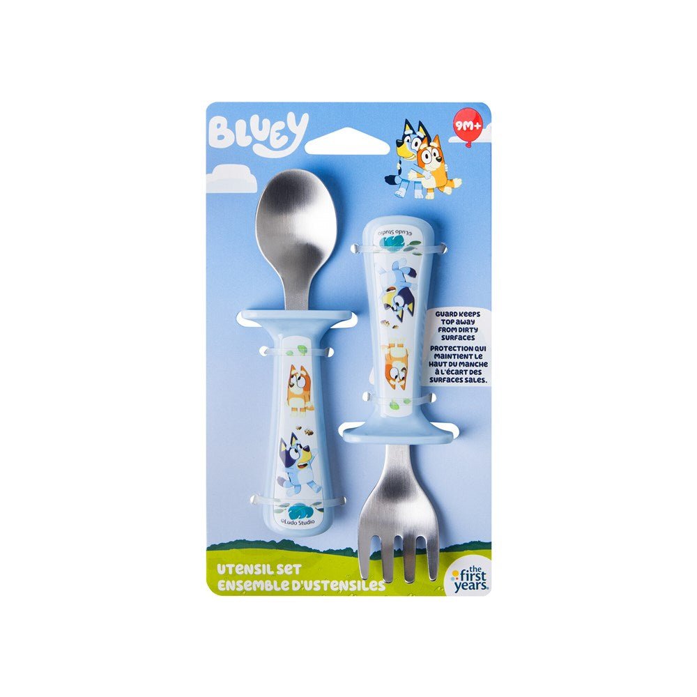 Bluey guarded spoon and fork set packaging with stainless utensils
