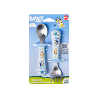 Bluey guarded spoon and fork set packaging with stainless utensils