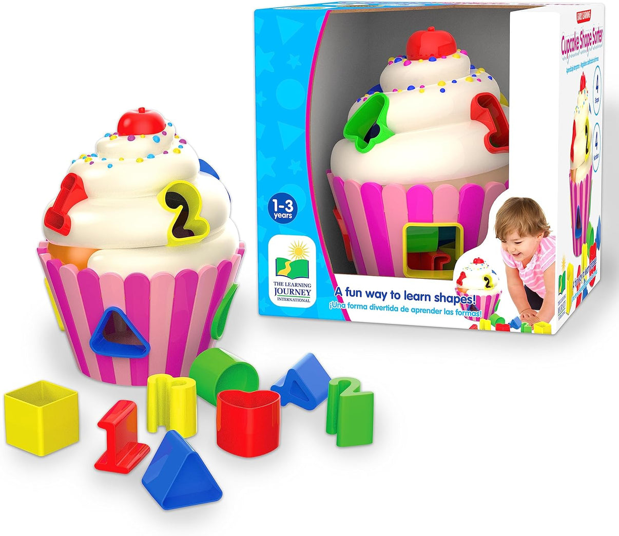 Cupcake number and shape sorter set with toy, blocks, and retail box