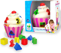 Cupcake number and shape sorter set with toy, blocks, and retail box