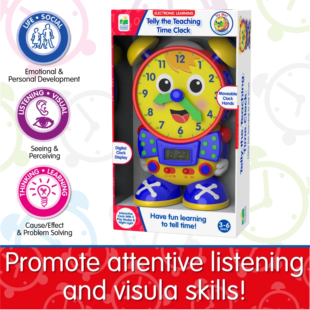 Boxed teaching time clock toy with colorful character clock and digital display