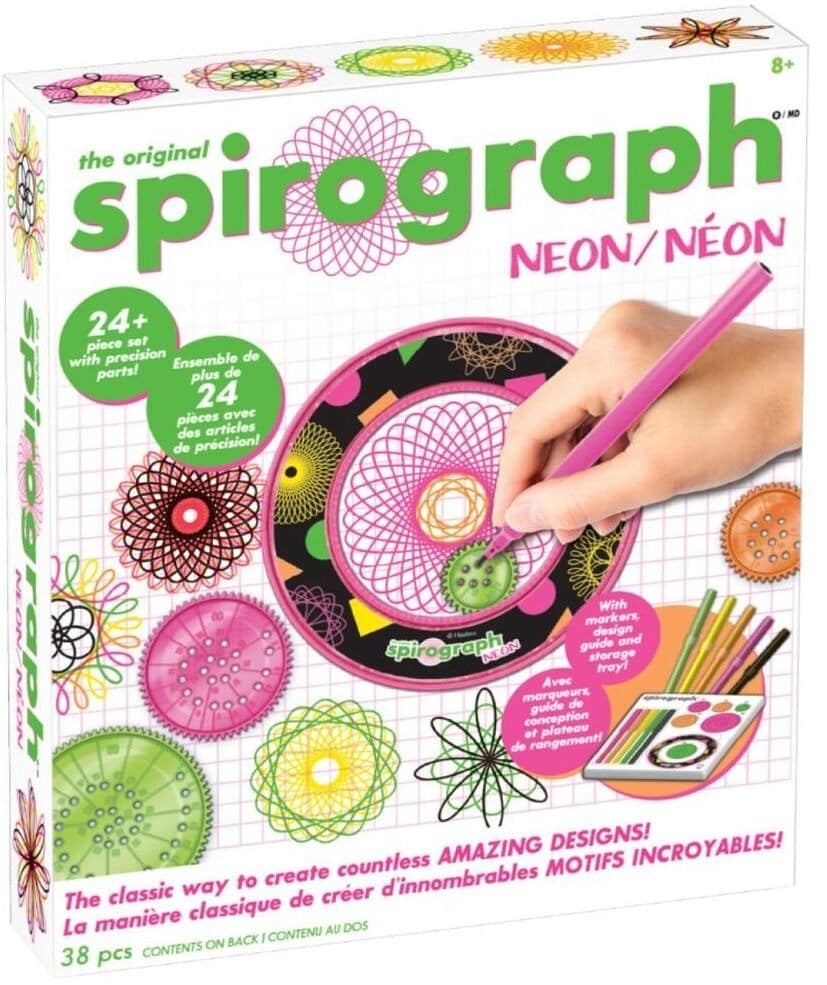 Neon Spirograph drawing kit in box with pink stylus and colorful gear wheels