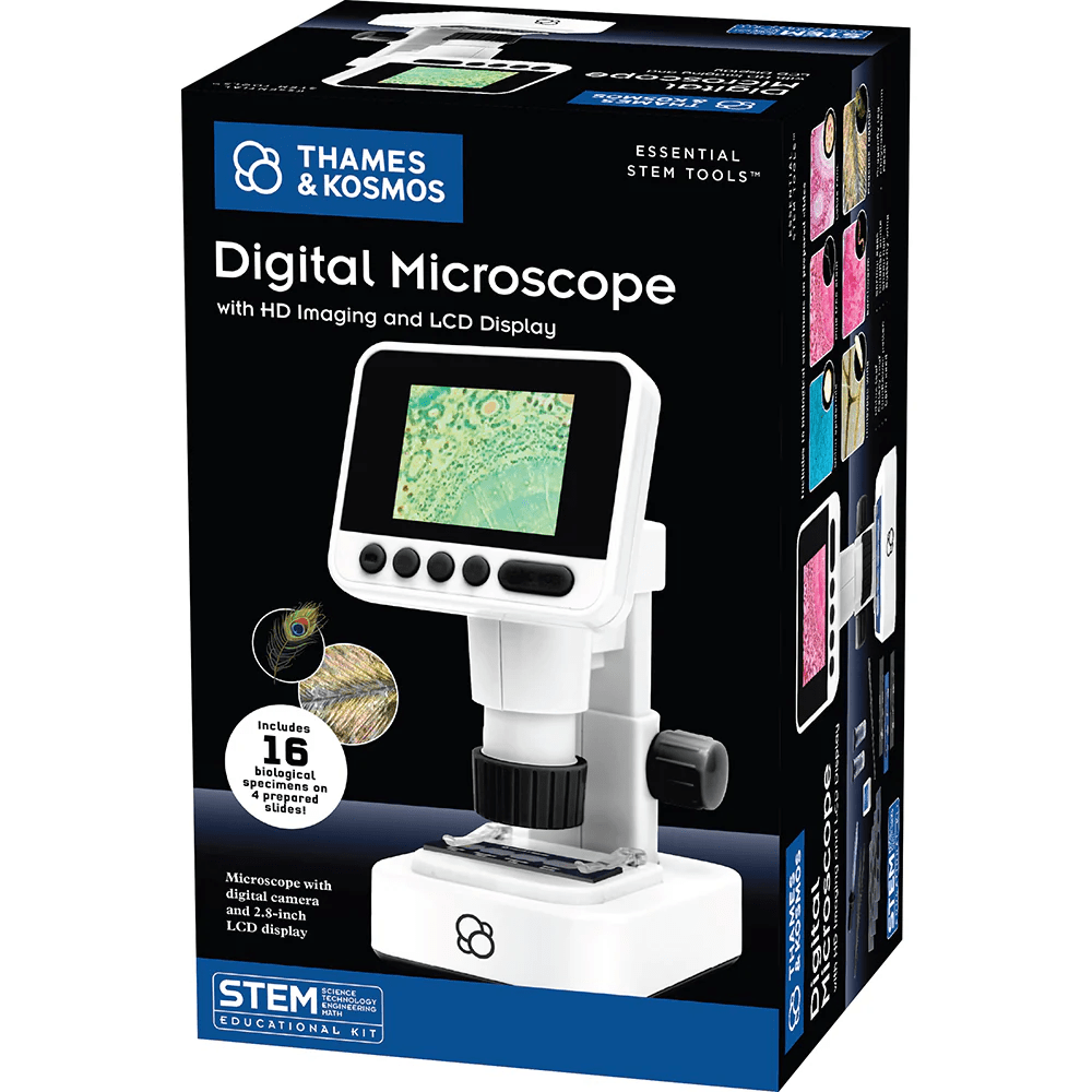 Digital microscope kit box with HD imaging and LCD display, Thames & Kosmos branding
