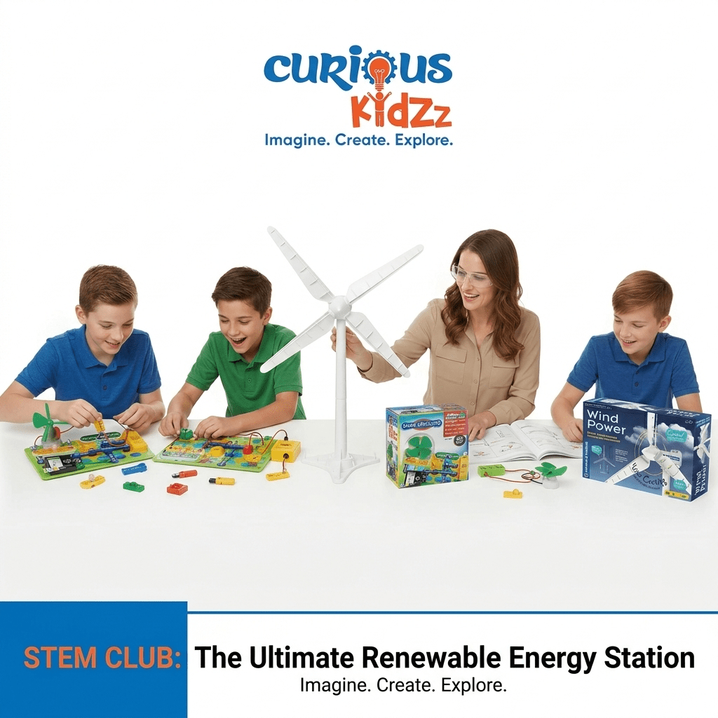 Children building a wind power renewable energy station at a table