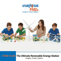 Children building a wind power renewable energy station at a table