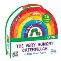 Two-sided floor puzzle with colorful rainbow arch, caterpillar image, and 26 giant pieces