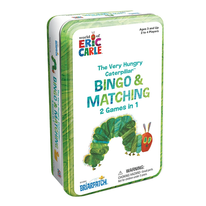 Bingo & matching tin game with green caterpillar-themed cover art
