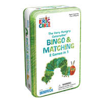Bingo & matching tin game with green caterpillar-themed cover art