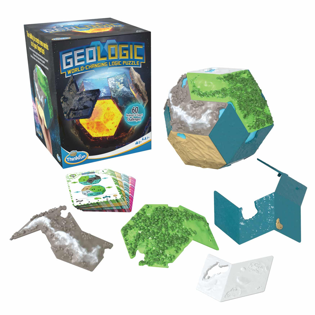 Logic puzzle set box with planet core pieces, cards, and instruction booklet