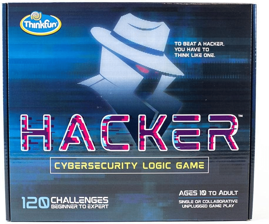 Cybersecurity logic game box front with Hacker title and 120 challenges text