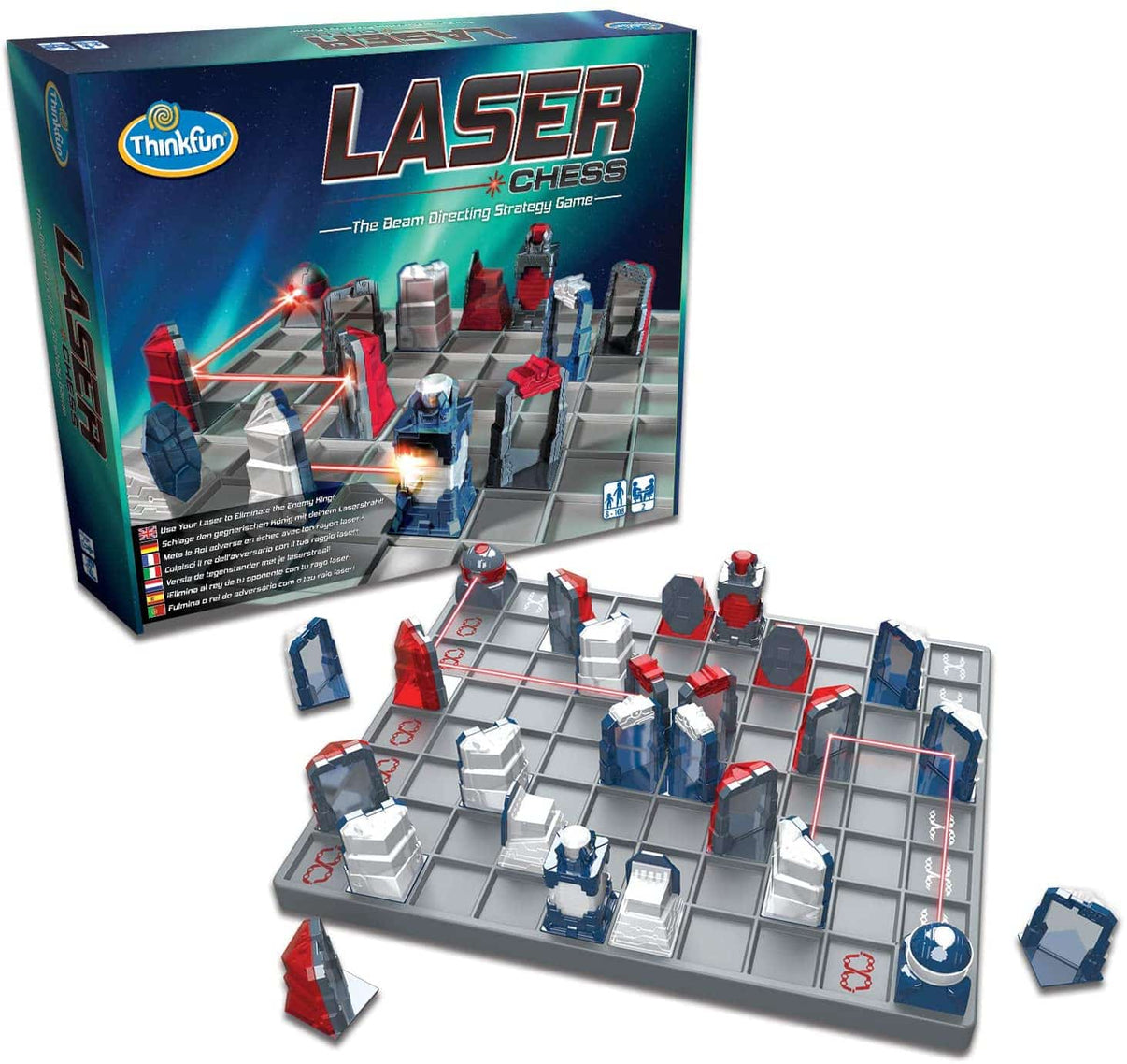 Laser chess strategy game box with colorful laser-themed board and plastic piece towers