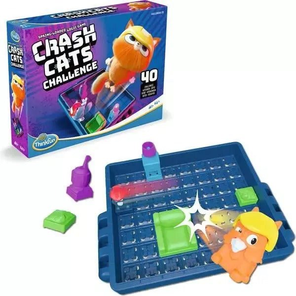 Logic game box with blue peg board, green and purple pieces, and cat character