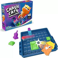 Logic game box with blue peg board, green and purple pieces, and cat character