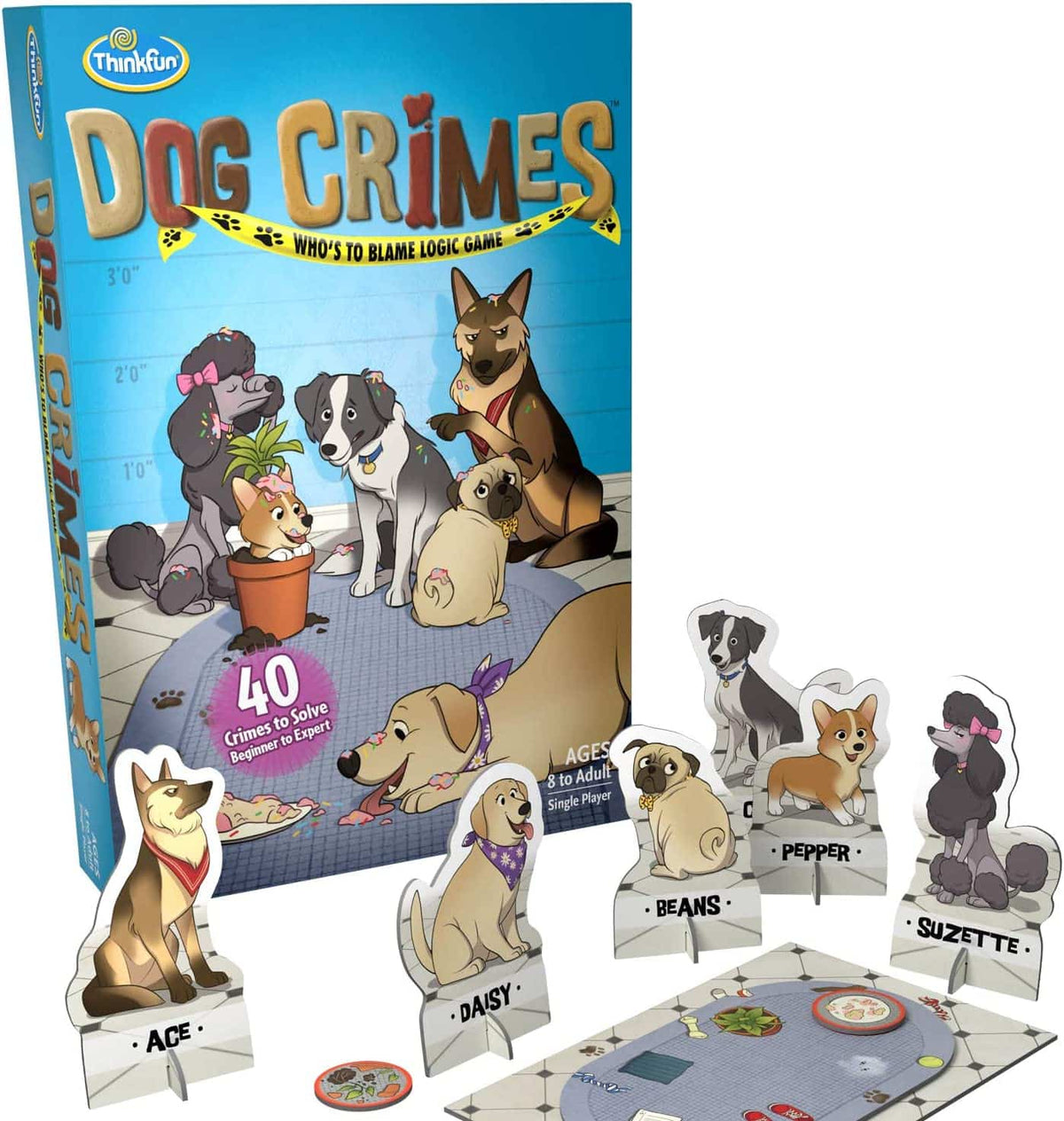 ThinkFun Dog Crimes logic board game box with illustrated dogs and title