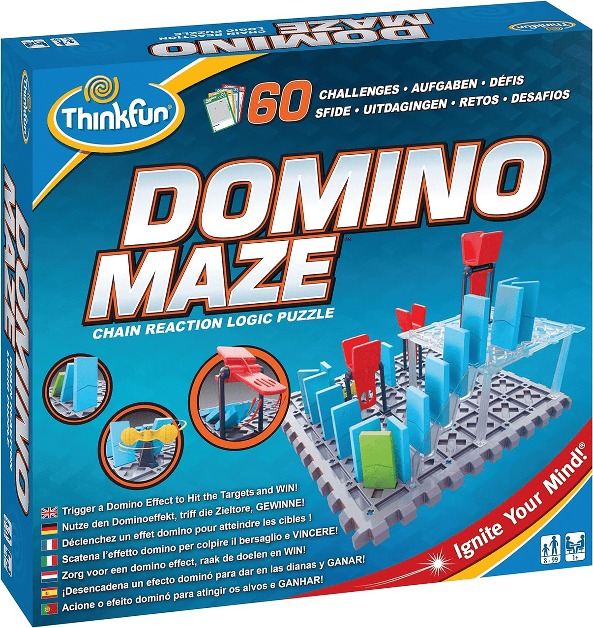 Domino maze logic puzzle board game box with domino chain reaction pieces shown