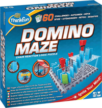 Domino maze logic puzzle board game box with domino chain reaction pieces shown