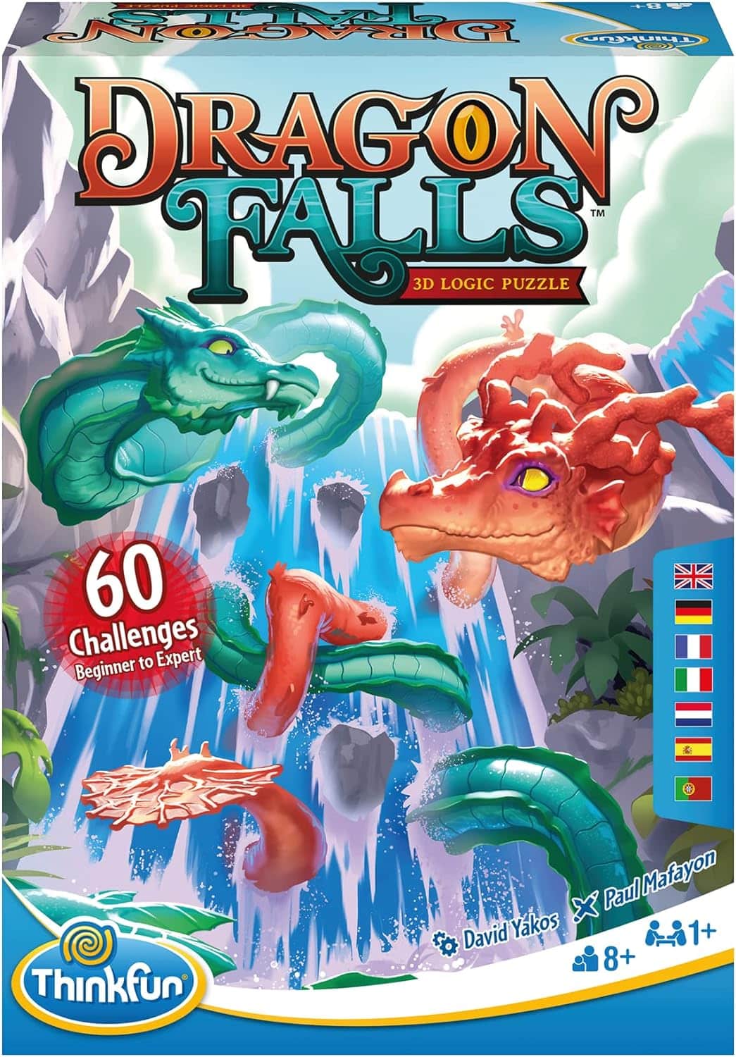 Dragon Falls 3D logic puzzle box with green and red dragon characters