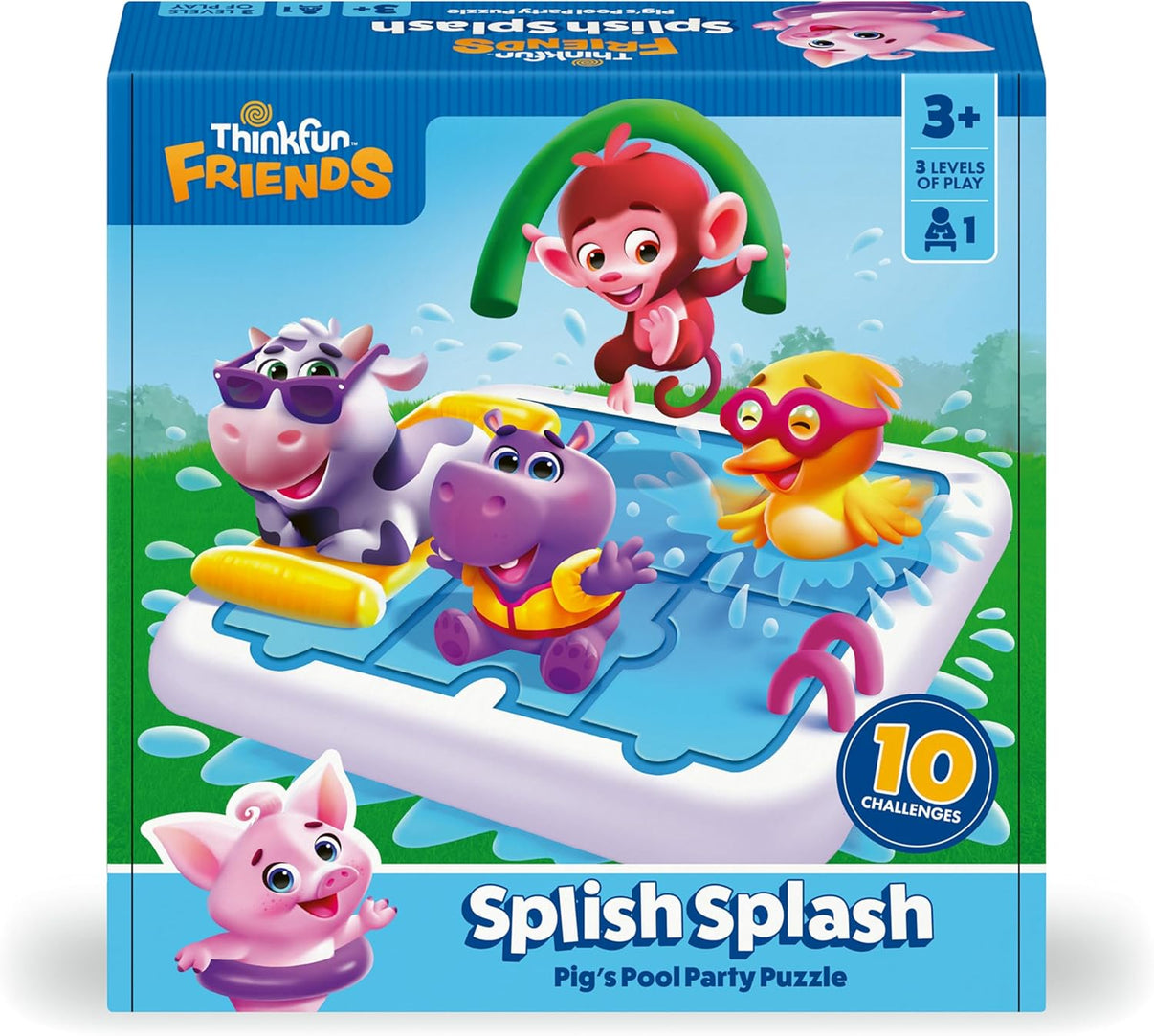 ThinkFun Friends puzzle game box with characters on a pool-themed puzzle board