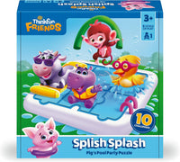 ThinkFun Friends puzzle game box with characters on a pool-themed puzzle board