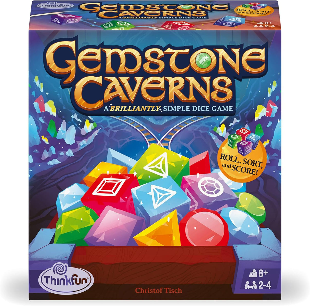 Gemstone-themed board game box with dice and a roll, sort, and score graphic