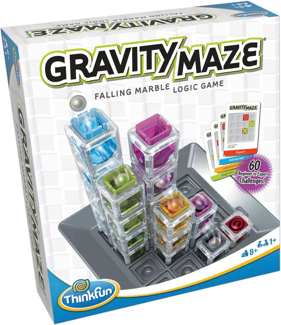 Gravity Maze logic game box with falling marble grid pieces and marbles
