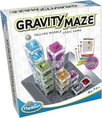 Gravity Maze logic game box with falling marble grid pieces and marbles