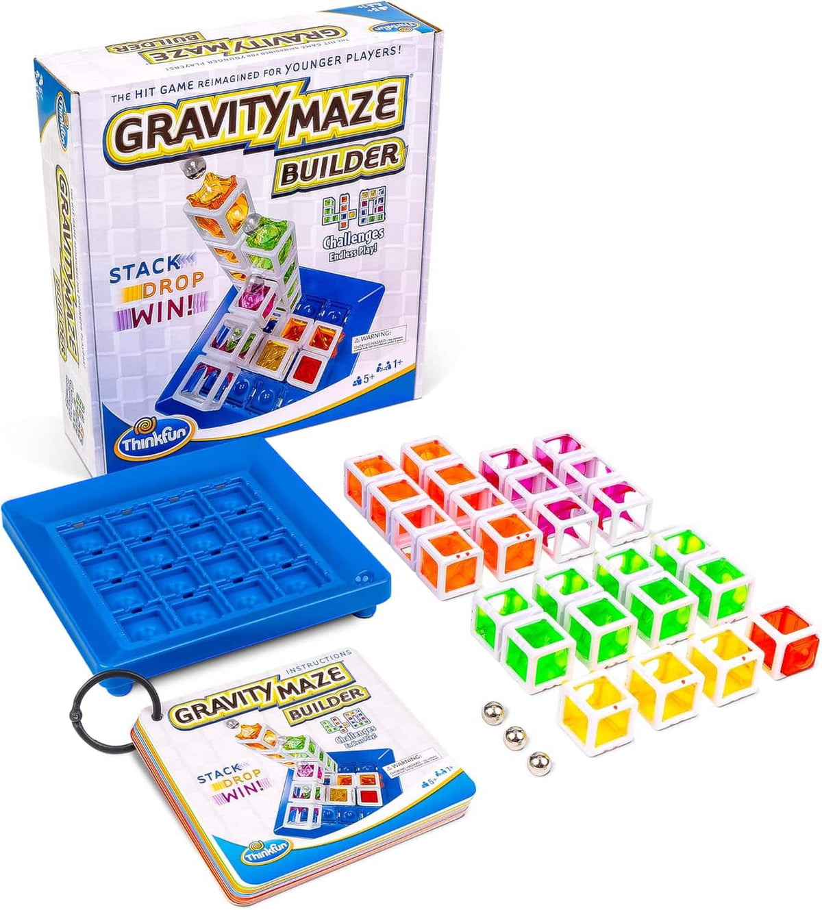 Maze builder puzzle game set with blue base, multicolor blocks, and metal marbles