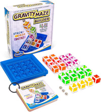 Maze builder puzzle game set with blue base, multicolor blocks, and metal marbles