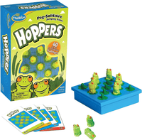 Hoppers peg-jumping board game with green frog pegs and blue base
