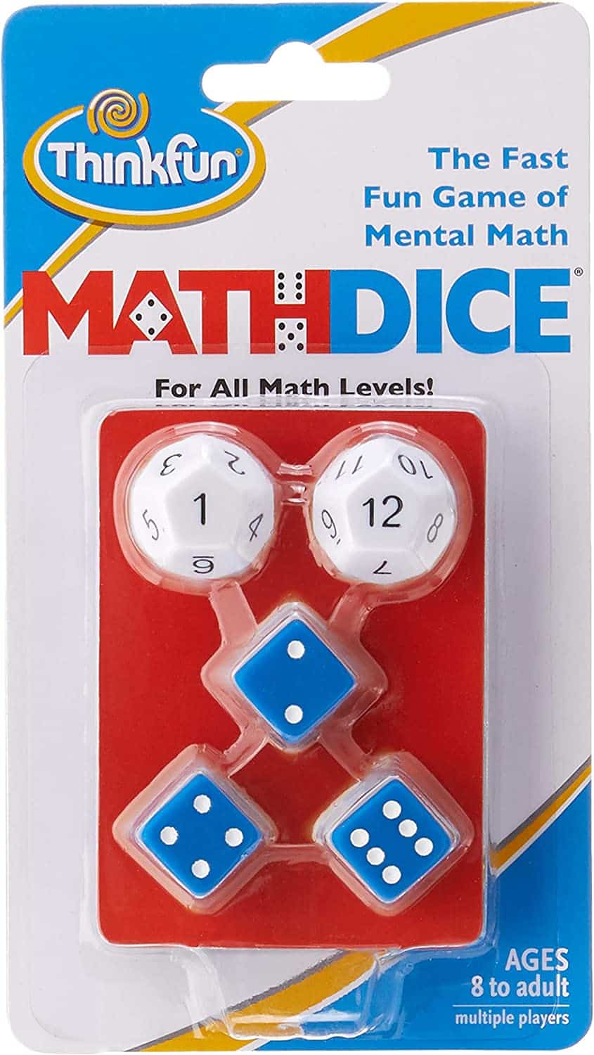 ThinkFun Math Dice game set with two dice in red blister pack