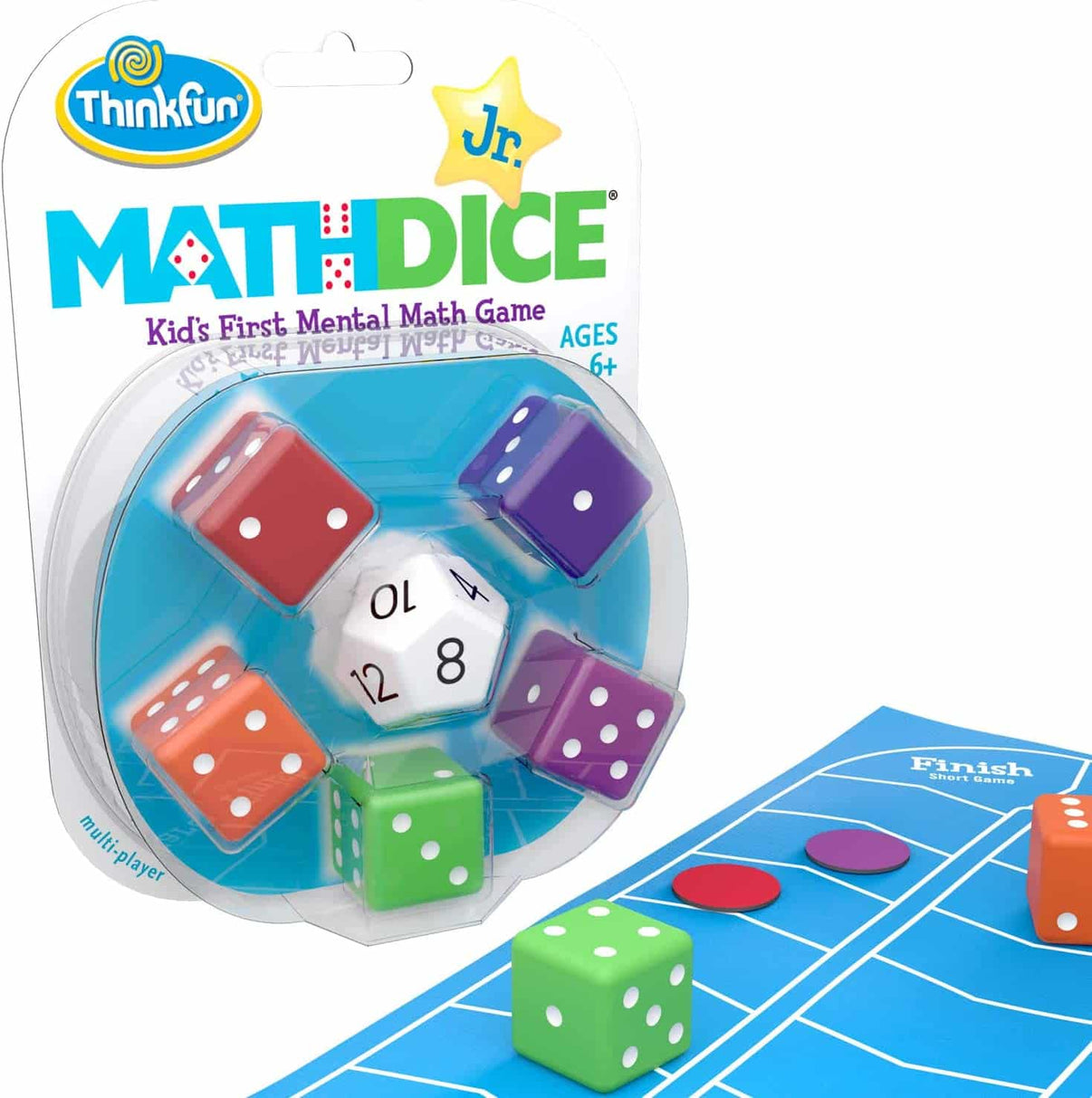 Math dice set with six colored dice and blue play mat panel showing Finish