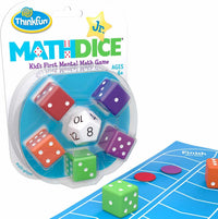Math dice set with six colored dice and blue play mat panel showing Finish