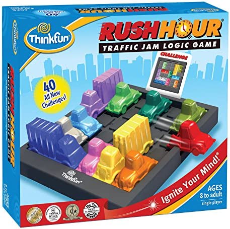 Rush Hour traffic jam logic game box with colorful car pieces, tablet-style display