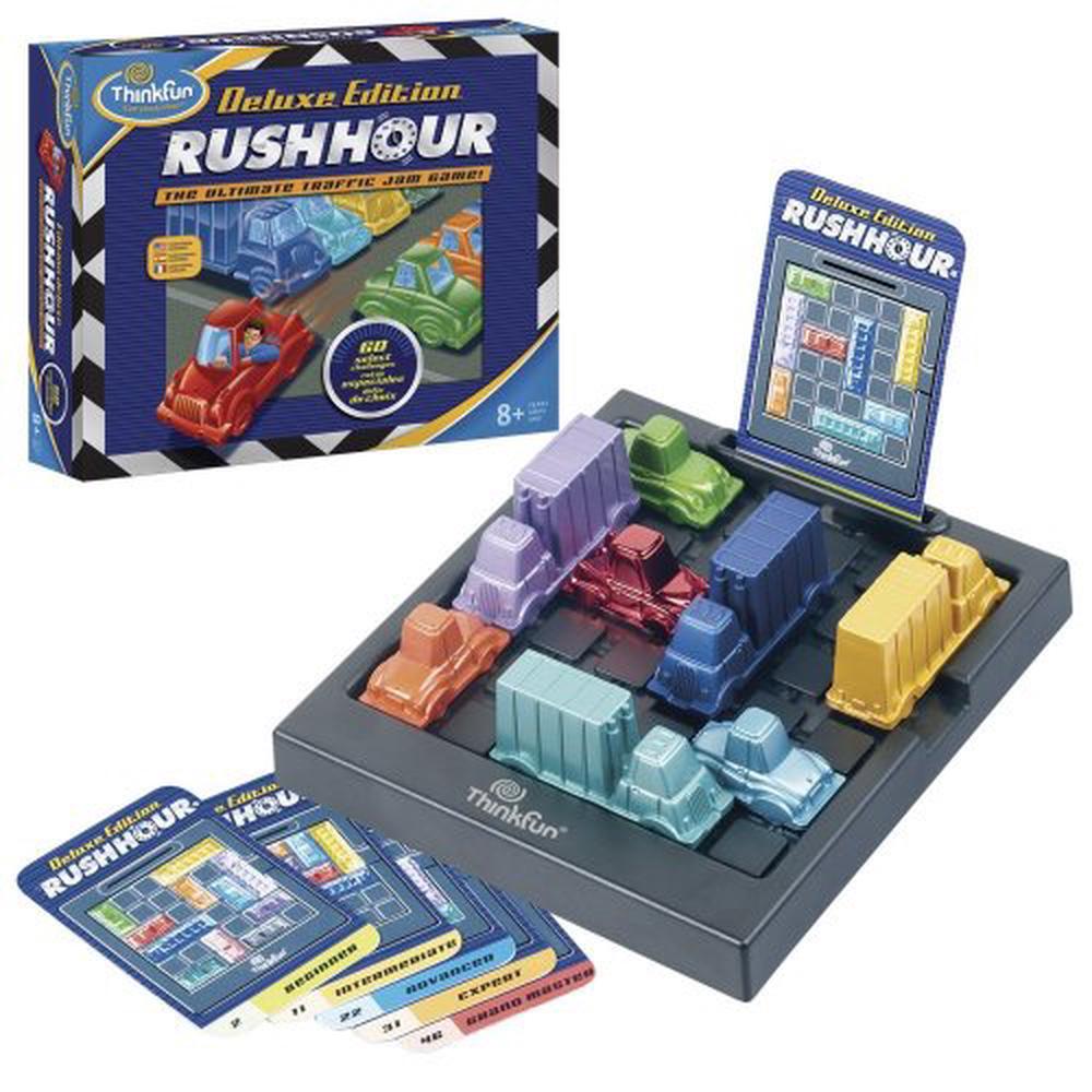 Traffic puzzle board game set with desktop board, colored vehicles, and instruction cards