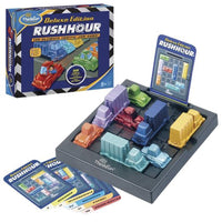 Traffic puzzle board game set with desktop board, colored vehicles, and instruction cards