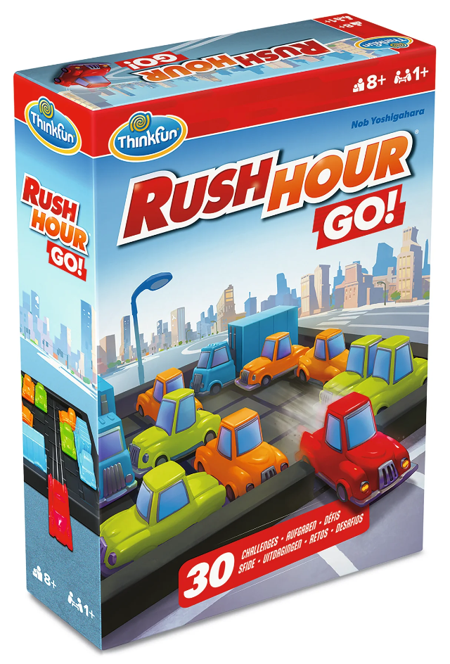 ThinkFun Rush Hour Go! game box with colorful road cars, 30 challenges
