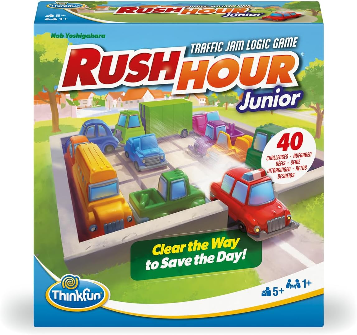 Traffic jam logic game set with Rush Hour Junior board and vehicle pieces, boxed