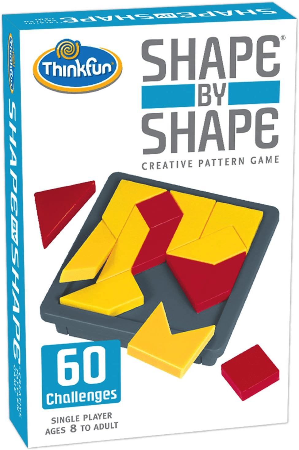 ThinkFun Shape by Shape creative pattern game box with yellow and red puzzle pieces