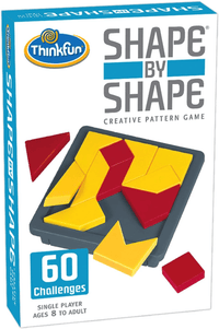 ThinkFun Shape by Shape creative pattern game box with yellow and red puzzle pieces