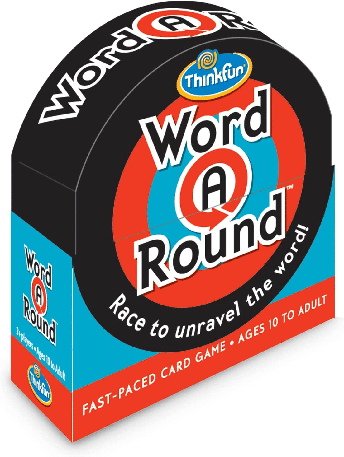 Card game box with Word A Round logo, black red and blue design.