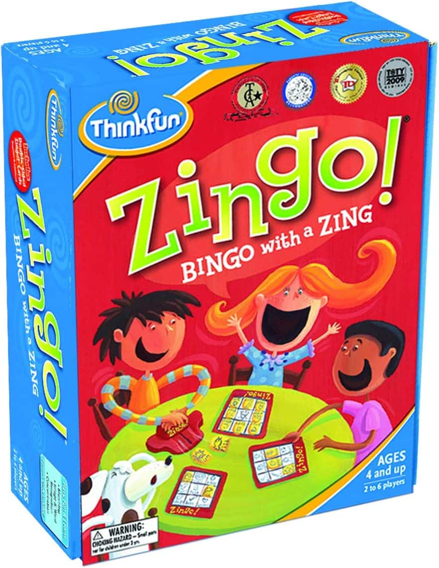 ThinkFun Zingo! bingo card game box with illustrated characters and card art