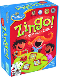 ThinkFun Zingo! bingo card game box with illustrated characters and card art