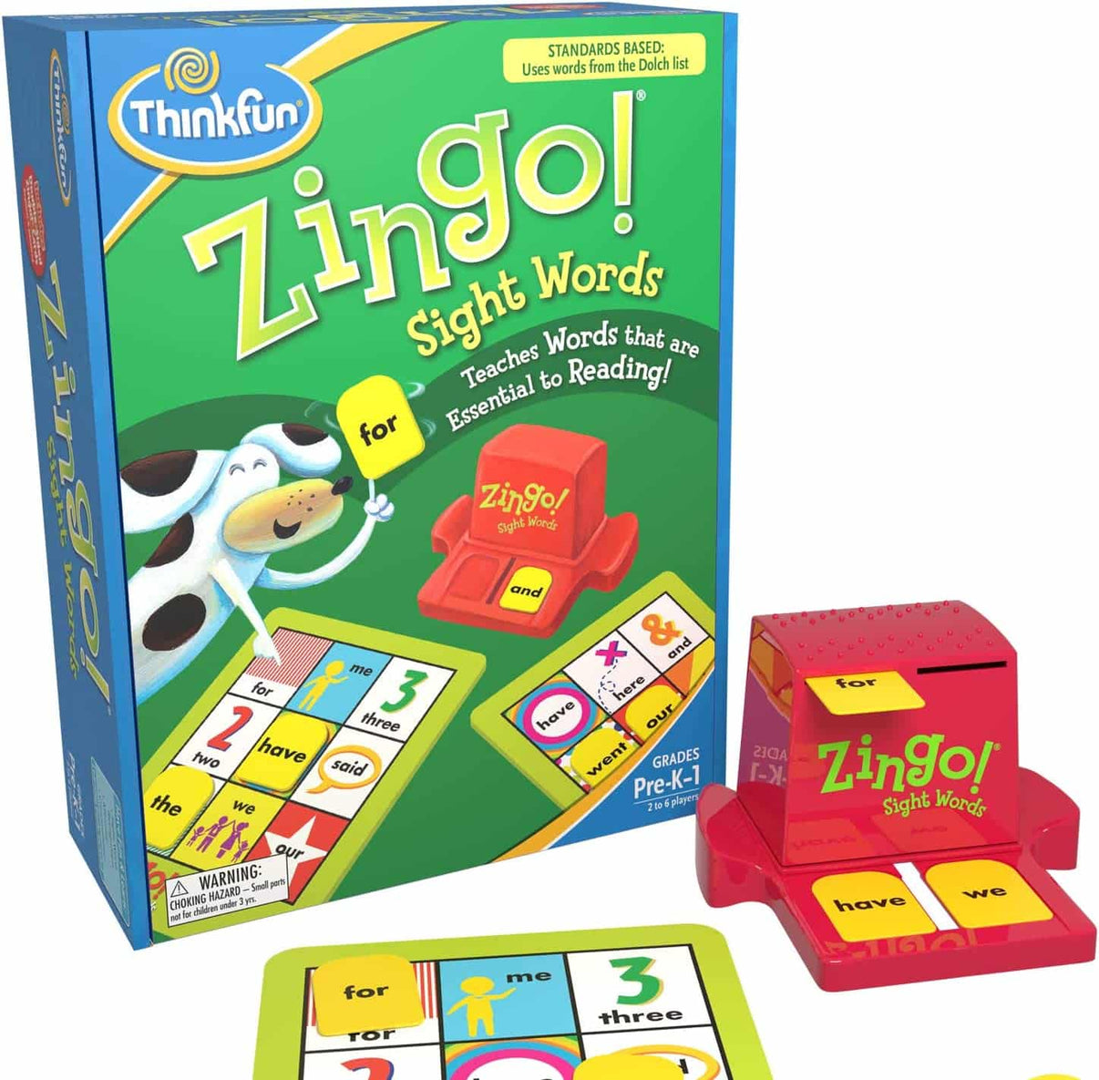 Sight words game box with green cover art, dog character, red word reader, and tiles