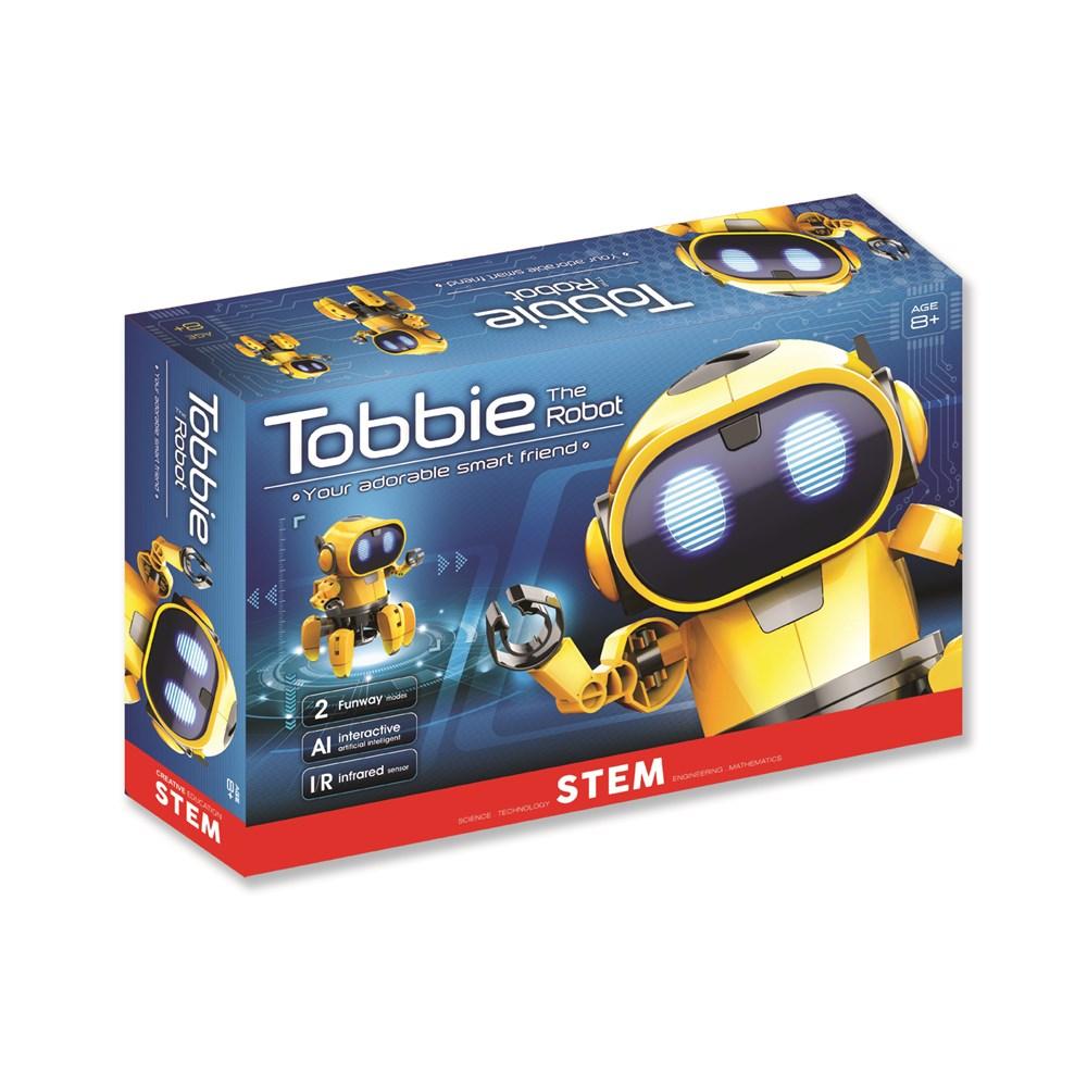 STEM robot building kit box, yellow robot with glowing blue eyes illustration