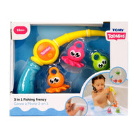 3-in-1 fishing frenzy bath toy set with yellow launcher and three colorful sea creatures