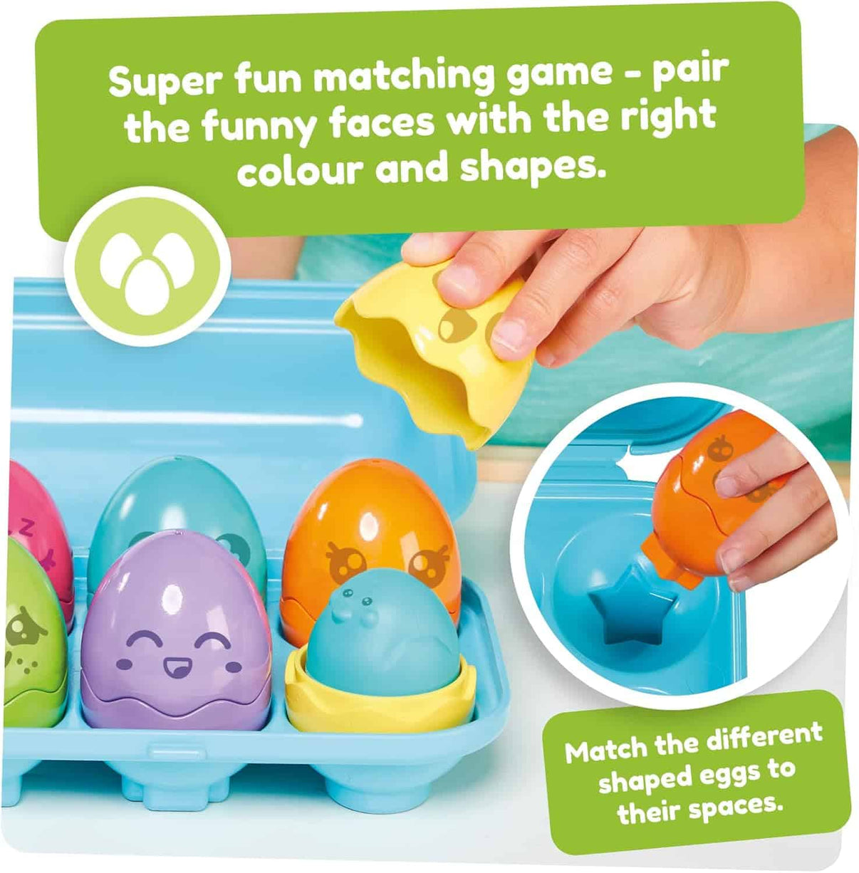 Colorful egg shape sorter toy with chick-face eggs in blue tray
