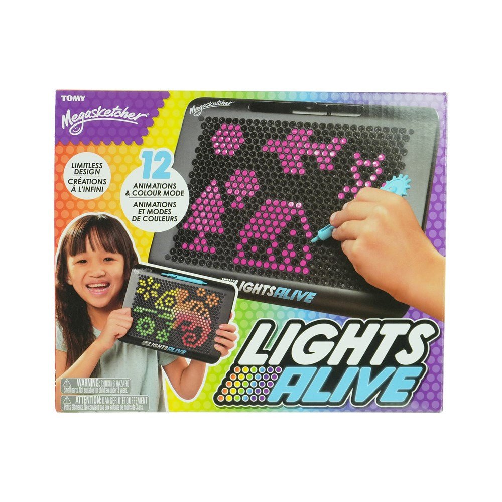 Retail box showing black dot drawing board with pink pin art and light-blue stylus, Tomy