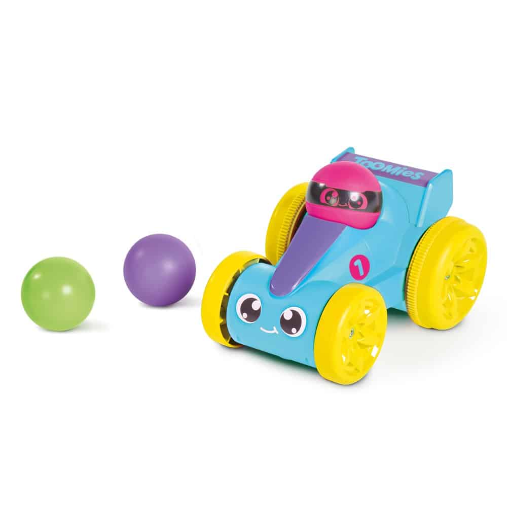 Blue push racer toy with pink driver and yellow wheels, with purple ball