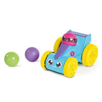 Blue push racer toy with pink driver and yellow wheels, with purple ball