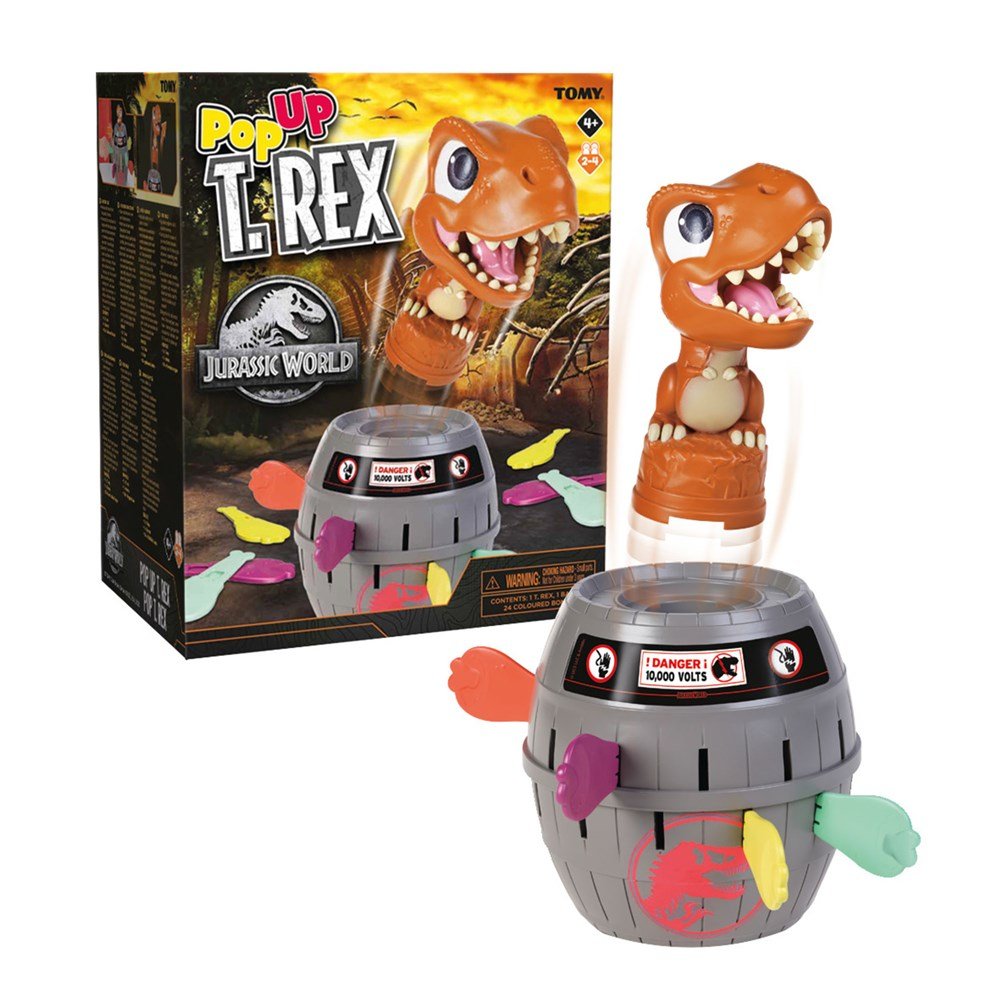 Pop Up T Rex action game set with gray launcher dome, orange dinosaur, and product box